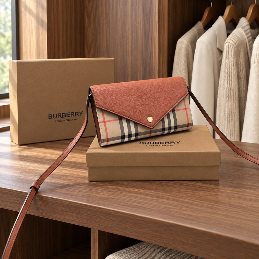 Burberry Vintage Check Envelope Wallet in Tan Leather - Picture 2 of 6